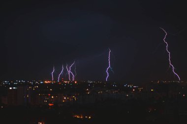 Büyük şehrin üzerindeki güzel, güçlü şimşeğin, fermuarın ve fırtınanın, soyut arka plan, parlak elektrik şimşekleri, gök gürültüsü ve şimşeklerin olduğu koyu mavi gökyüzü, kötü hava kavramı.