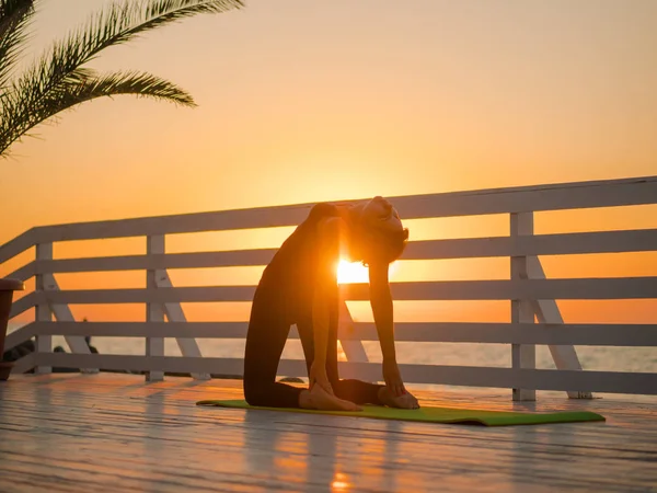 Bir ahşap balkon ya da denize bakan köprü doğada Yoga asana yaparken genç beyaz kadın. Kadının doğada rahatlatıcı okyanus üzerinde pratik yapması. Kız spor giyim. — Stok fotoğraf