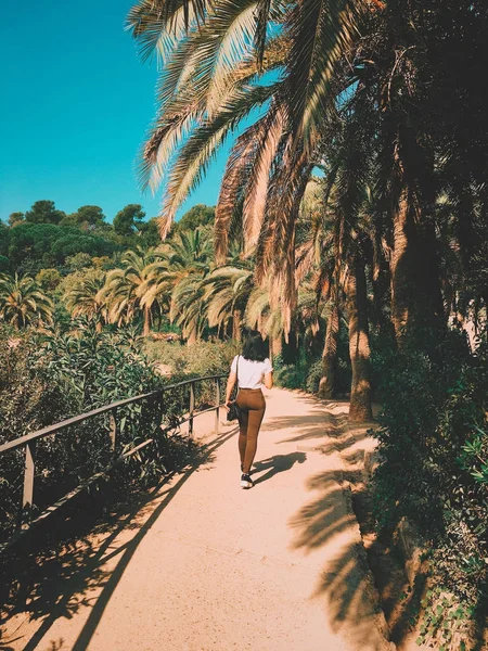 Fiatal divatos gyönyörű cserzett nő fekete haja sétál ösvényen között trópusi pálmafák Barcelona Güell Park. Utazási koncepció. — Stock Fotó