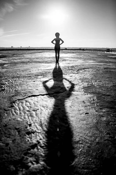 Es una vida hermosa. Mujer feliz y su larga sombra en la puesta del sol en el desierto. Minimalismo naturaleza. Mundo grande, gente pequeña — Foto de Stock