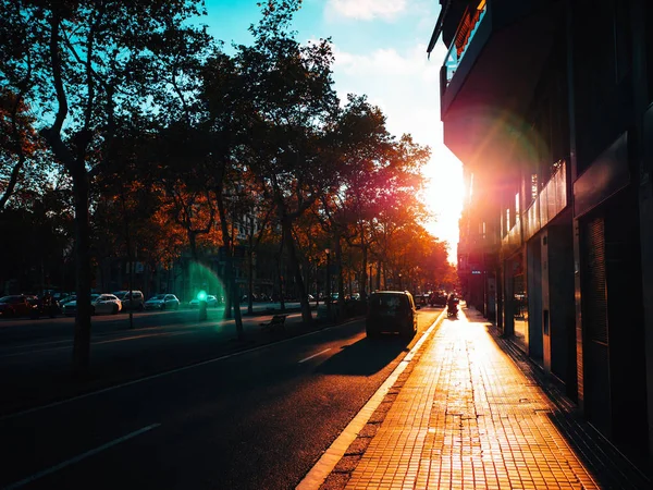 Stare miasto w Europie o zachodzie słońca z retro vintage Instagram styl filtru i obiektyw pochodni efekt. Droga z transportu w Barcelona. — Zdjęcie stockowe