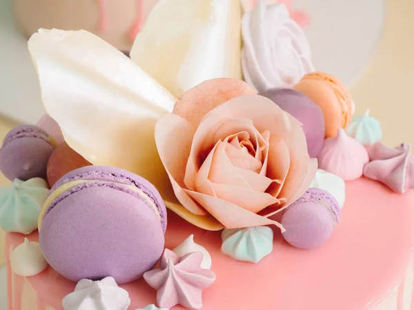 Modern French mousse cake with pink mirror glaze decorated with macarons, roses and merengues. Picture for a menu or a confectionery catalog. — Stock Photo, Image