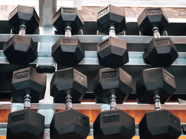 Rows of heavy metal dumbbells on rack. Sports Training Equipment in modern sports club or in the gym. Sport and health concept.