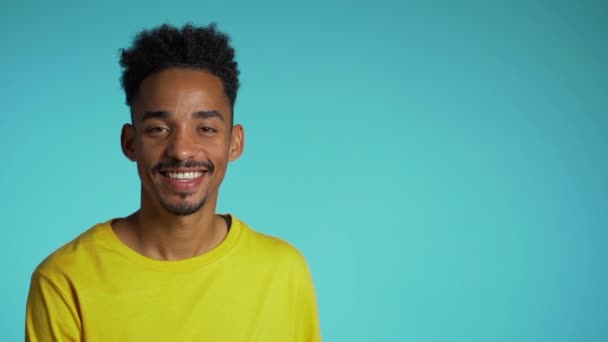 Jóképű afro-amerikai férfi divatos göndör frizurával, kék stúdió háttérrel. Másold a helyet. Vidám fickó mosolyog és a kamerába néz.. — Stock videók