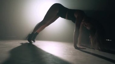 Parlak spot ışıkları altında bir kadın silueti. Profesyonel dansçı, sahnede müzikle dans ediyor. Plastik kız, sportif ve baştan çıkarıcı figürlü..