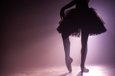 Balerin bacaklarının balerin kıyafetli siluetini kapat. Karanlık sahnede projektörlü bir bale gösterisi. Neon arka planda sigara içmek. Sanat konsepti. Boşluğu kopyala.