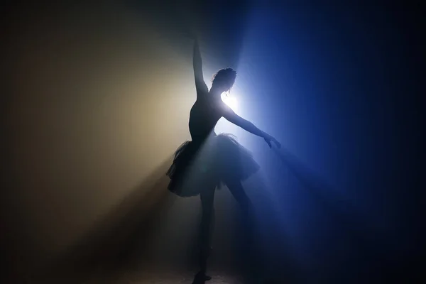 Spettacolo solista di ballerina in abito tutù sullo sfondo di luminosi riflettori al neon in teatro. Silhouette di donna in scarpe da punta ballando movimenti classici . — Foto Stock
