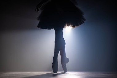Balerin bacaklarının balerin kıyafetli siluetini kapat. Karanlık sahnede projektörlü bir bale gösterisi. Neon arka planda sigara içmek. Sanat konsepti.