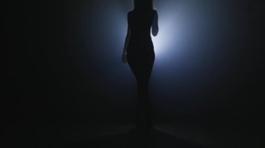 Sıska seksi kadın karanlık sahnede ışık projektörünün önünde dans ediyor. Sanat anlayışı, esneklik, yetenekli kız.
