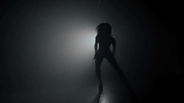 Dumanlı, karanlık arka planda güzel dansçı silueti. Spot ışığı seksi kıza geri yansıyor. Baştan çıkarıcı hareket ediyor.. — Stok video