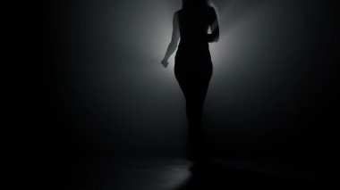 Dumanlı, karanlık arka planda güzel dansçı silueti. Spot ışığı seksi kıza geri yansıyor. Baştan çıkarıcı hareket ediyor..