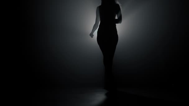 Silhouette de belle danseuse sur fond sombre fumé.Projecteur brille de retour contre fille sexy. Elle bouge séduisante . — Video