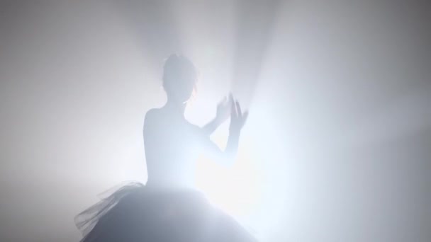 Silueta neuvěřitelné dívky tančící balet v tutu na jevišti před reflektorem. Objemová malba, kouřová scéna. 4k