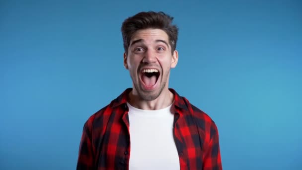 Jonge Europeaan in rood shirt schreeuwend geïsoleerd over blauwe achtergrond. 4k. — Stockvideo