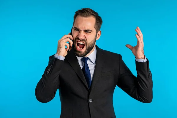 Businessman screaming on mobile phone. Having nervous breakdown at work, shouting in anger, stress management, mental distress problems, losing temper, reaction on failure. — Stock Photo, Image