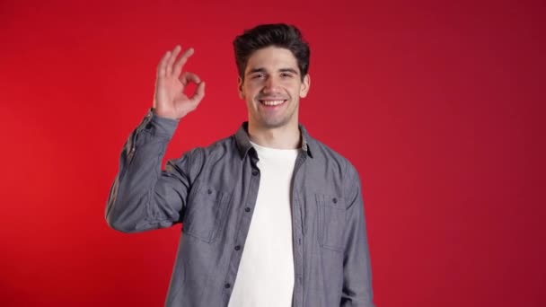 Handsome young man in denim shirt smiles to camera. Hipster guy showing OK sign over red background. Winner. Success. Body language. — Stock Video