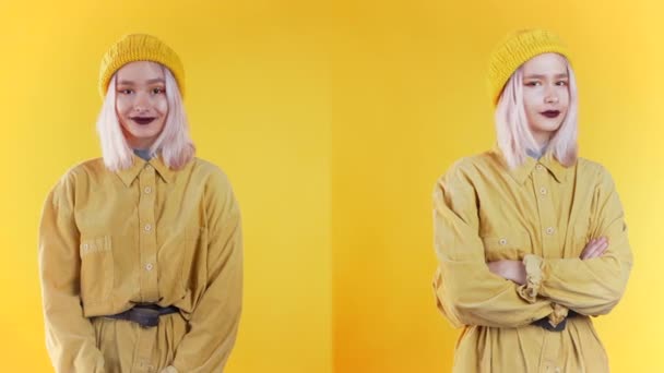 Portrét mladé dívky na žlutém pozadí ve studiu. Žena zobrazuje emoce schvalování, souhlasu a odmítnutí zároveň, koláž. 4k — Stock video