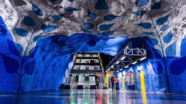 14 de fevereiro de 2020, Estocolmo Suécia. Timelapse da estação de metrô T-Centralen. Linha azul com flores no teto, estação central com multidão de pessoas — Vídeo de Stock