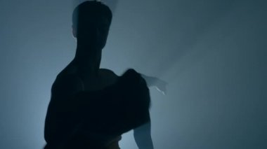 Romantik profesyonel bale çifti karanlık sahnede dans ediyor. Klasik elbiseler içinde dans eden, etrafında dönüp gülümseyen genç bir çift. Her harekette zarafet ve şefkat..