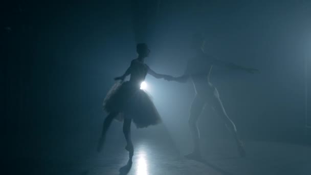 Силует професійних, чуттєвих танцюристів балету на сцені темного диму у виконанні пари закоханих. Хореографи, які практикують і демонструють класичне мистецтво. 4k — стокове відео