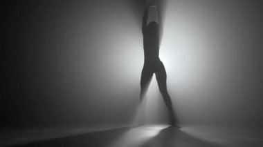 Dumanlı, karanlık arka planda güzel dansçı silueti. Spot ışığı seksi kıza geri yansıyor. Baştan çıkarıcı hareket ediyor..