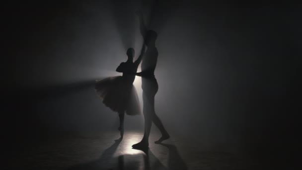 Graceful ballerina and her male partner dancing elements of classical or modern ballet in dark with floodlight backlight. Couple in smoke on black background. Art concept. — Stock Video