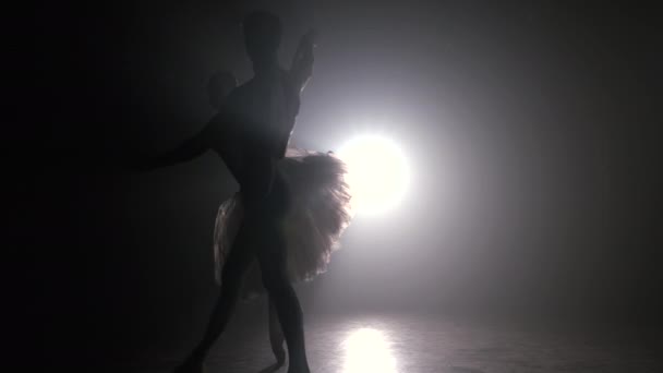 Profesionální baletní pár tančící v reflektorech kouří na velkém pódiu. Krásná mladá žena a muž na pozadí reflektorů. Emocionální duet s choreografickým uměním. Zpomal. 4k — Stock video