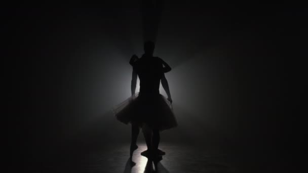 Pareja de ballet profesional bailando en focos de humo en el gran escenario. Hermosa mujer joven y el hombre en el fondo reflectores. Dúo emocional realizando arte coreográfico. En cámara lenta. 4k — Vídeo de stock