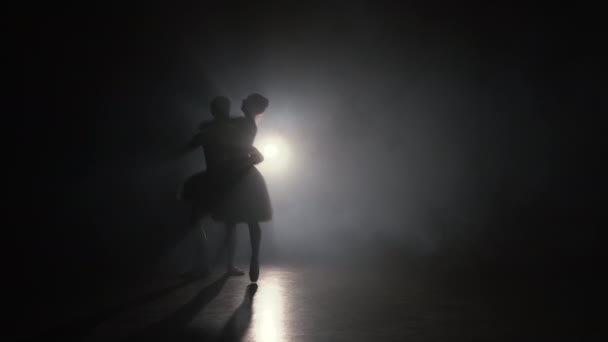 Романтическая профессиональная балетная пара, практикующая движения на темной сцене. Молодая пара танцует в классическом платье, кружится и улыбается. Изящество и нежность в каждом движении . — стоковое видео