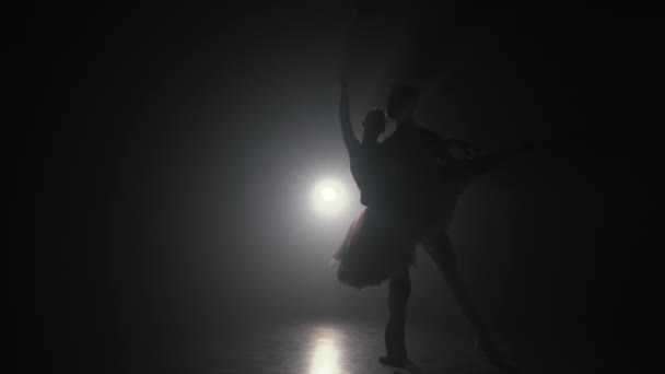 Pareja de ballet profesional romántica practicando movimientos en el escenario oscuro. Pareja joven bailando en vestido clásico, dando vueltas y sonriendo. Graciosidad y ternura en cada movimiento . — Vídeos de Stock