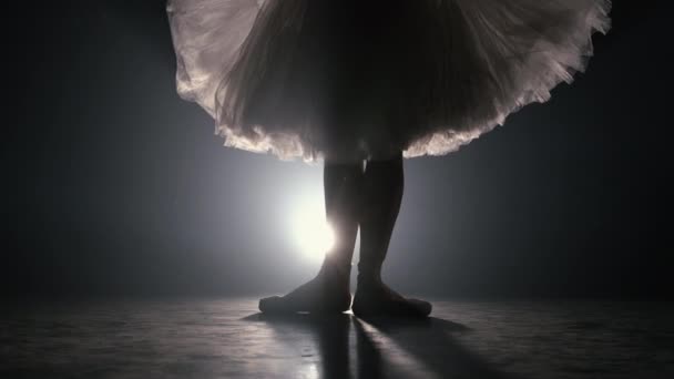 Detailní záběr baletní tanečnice, jak cvičí cvičení na tmavém jevišti nebo studiu. Ženské nohy ve špičatých botách. Balerína ukazuje klasický balet pas. Zpomal. Výstřel světlice. — Stock video
