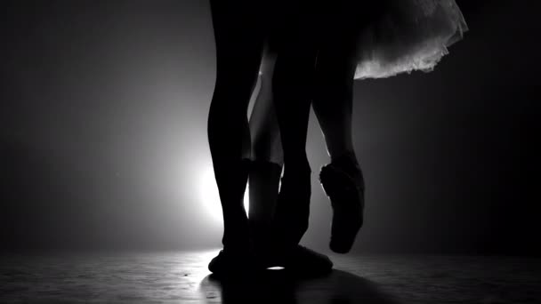 Close up of ballet couple of dancers as they practices exercises on dark stage or studio. Womans and mans feet in pointe shoes. Ballerina shows classic ballet pas. Slow motion. Flare shot. — Stock Video