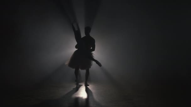 Pareja de ballet profesional bailando en focos de humo en el gran escenario. Hermosa mujer joven y el hombre en el fondo reflectores. Dúo emocional realizando arte coreográfico. En cámara lenta. 4k — Vídeos de Stock