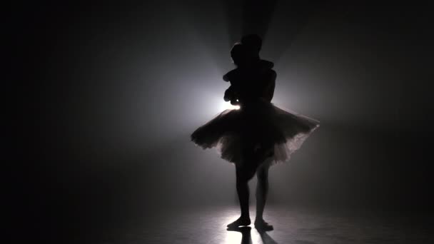 Pareja de ballet profesional romántica practicando movimientos en el escenario oscuro. Pareja joven bailando en vestido clásico, dando vueltas y sonriendo. Graciosidad y ternura en cada movimiento . — Vídeos de Stock