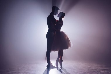 Romantik profesyonel bale çifti karanlık sahnede birbirine bakıyor. Klasik kıyafetle dans eden genç bir çift. Her harekette zarafet ve şefkat..
