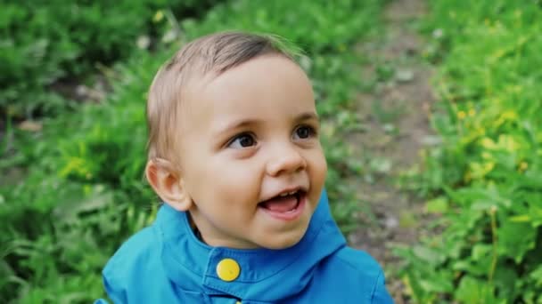 Portret van een schattig jongetje lachend en lachend op groene bosachtergrond. Schattig kind in een blauwe regenjas. Familie, liefde, kinderconcept. — Stockvideo