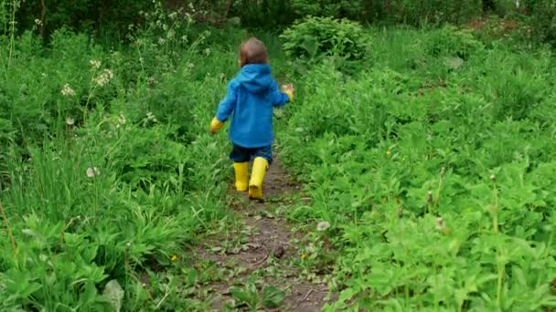 Divertido niño activo bebé corriendo a lo largo de un camino y luego se vuelve hacia los padres. Fondo del bosque verde. Niño lindo en impermeable azul y botas de goma explora la naturaleza. Familia, amor, concepto de niño — Vídeos de Stock