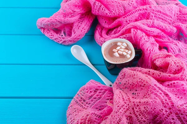 Gezellige winter huis achtergrond, kopje warme chocolademelk met marshmallows — Stockfoto