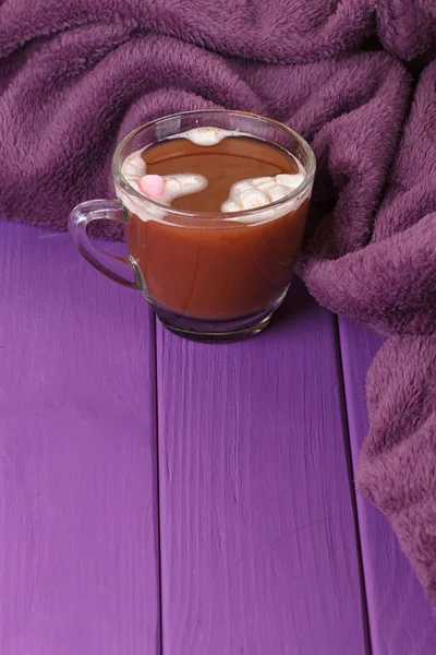 Hot chocolate, cozy knitted blanket. — Stock Photo, Image