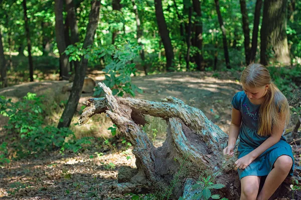 Κορίτσι κάθεται σε ένα κούτσουρο δέντρο — Φωτογραφία Αρχείου