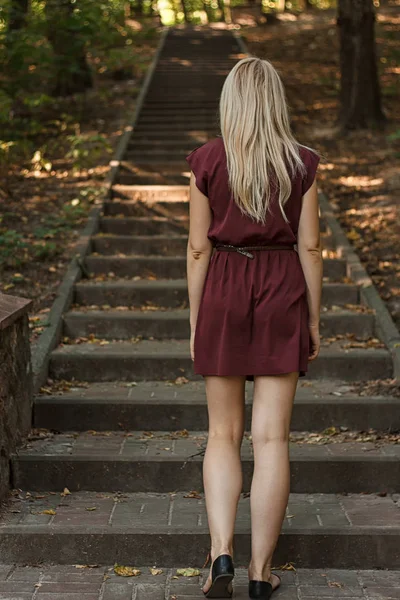 Mulher subindo as escadas no parque — Fotografia de Stock