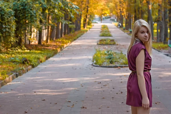 Girl d on the autumn alley — Stock Photo, Image