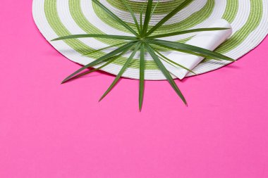 Plaj şapka ve Hindistan cevizi yaprakları