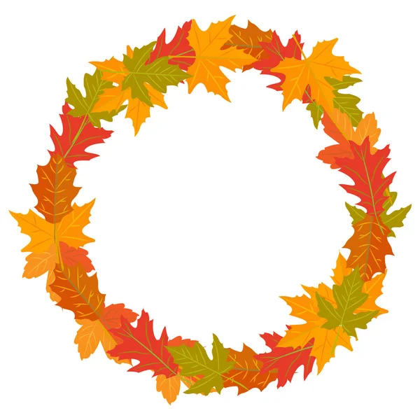 Vector illustration round wreath of autumn leaves yellow green red brown color — Stock Vector