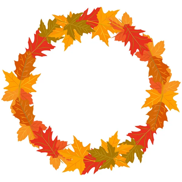 Vector illustration round wreath of autumn leaves yellow green red brown color — Stock Vector