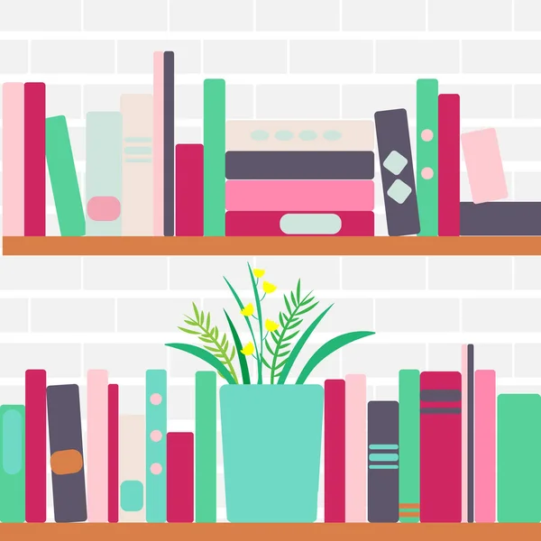 Illustrazione vettoriale di librerie con libri e fiori in stile retrò — Vettoriale Stock