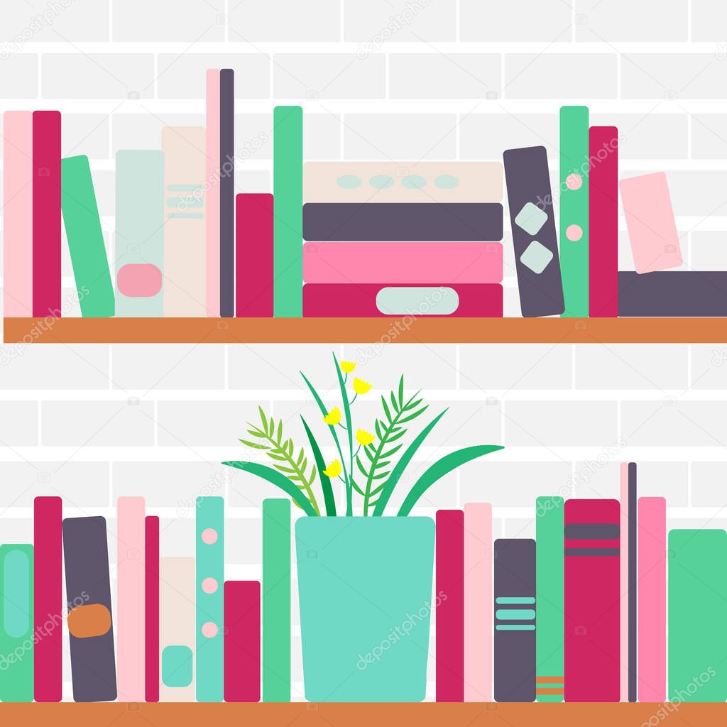 vector illustration of bookshelves with retro style books and flowers