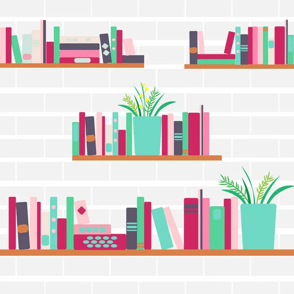 Illustrazione vettoriale di librerie con libri in stile retrò — Vettoriale Stock