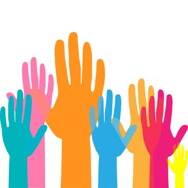 Renkli eller. Gönüllü olan el kaldırsın. takım çalışması konsepti