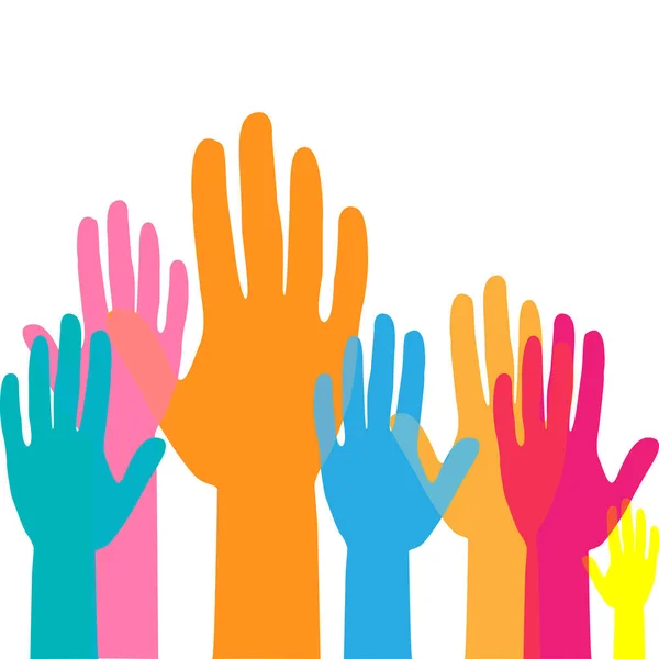 Mãos para cima coloridas. Mãos levantadas a voluntariar-se. conceito de trabalho em equipe —  Vetores de Stock